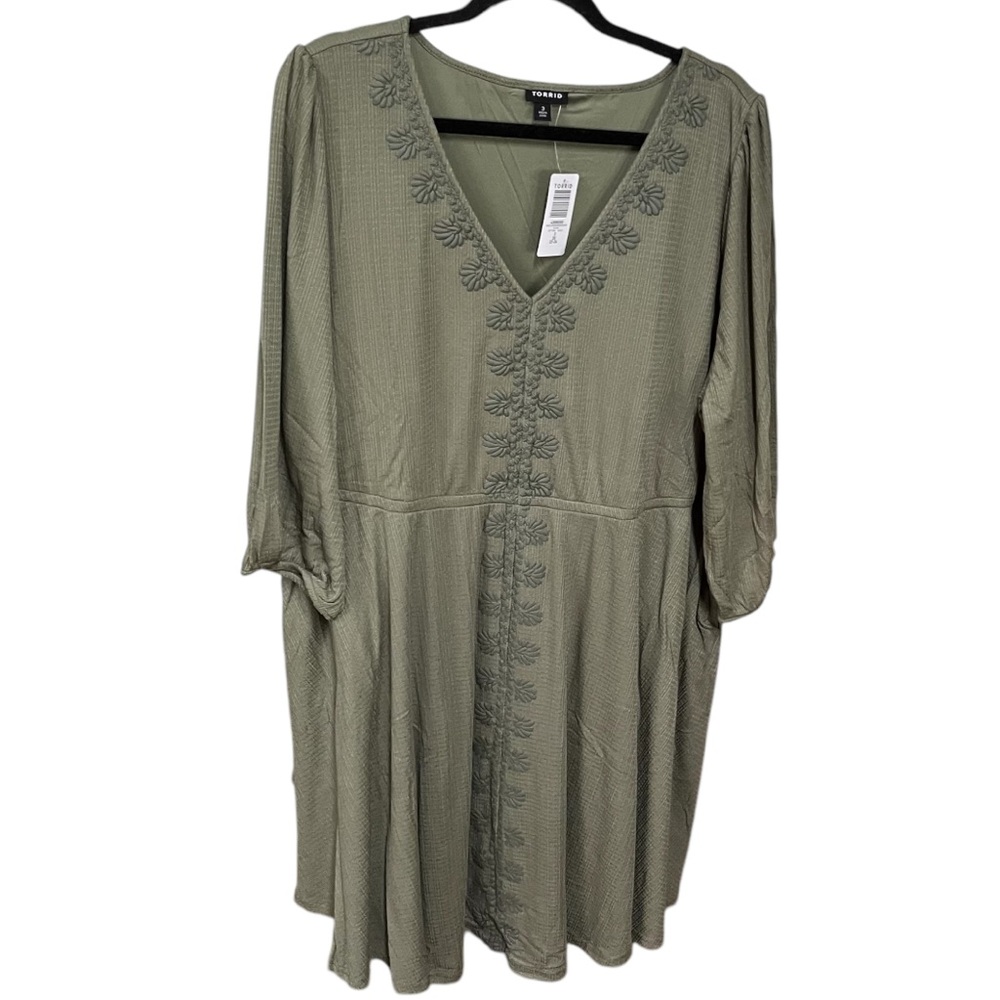 Torrid Olive Mini Jersey 3/4 Sleeve Embroidered Skater Dress NWT, Size 3 (3X) - Picture 6 of 10